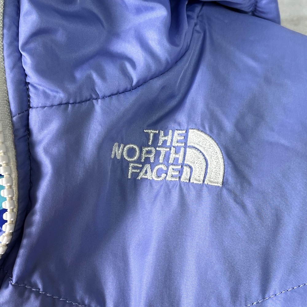 The North Face Reversible Kids Jacket Girls Blue Dot Print Purple Hooded 2T Coat - Picture 4 of 10